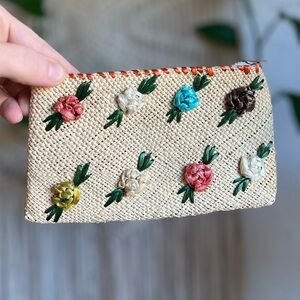Vintage Jamaica Raffia Floral Zip Pouch – Handwoven Straw Souvenir Bag – 6” x 4”
